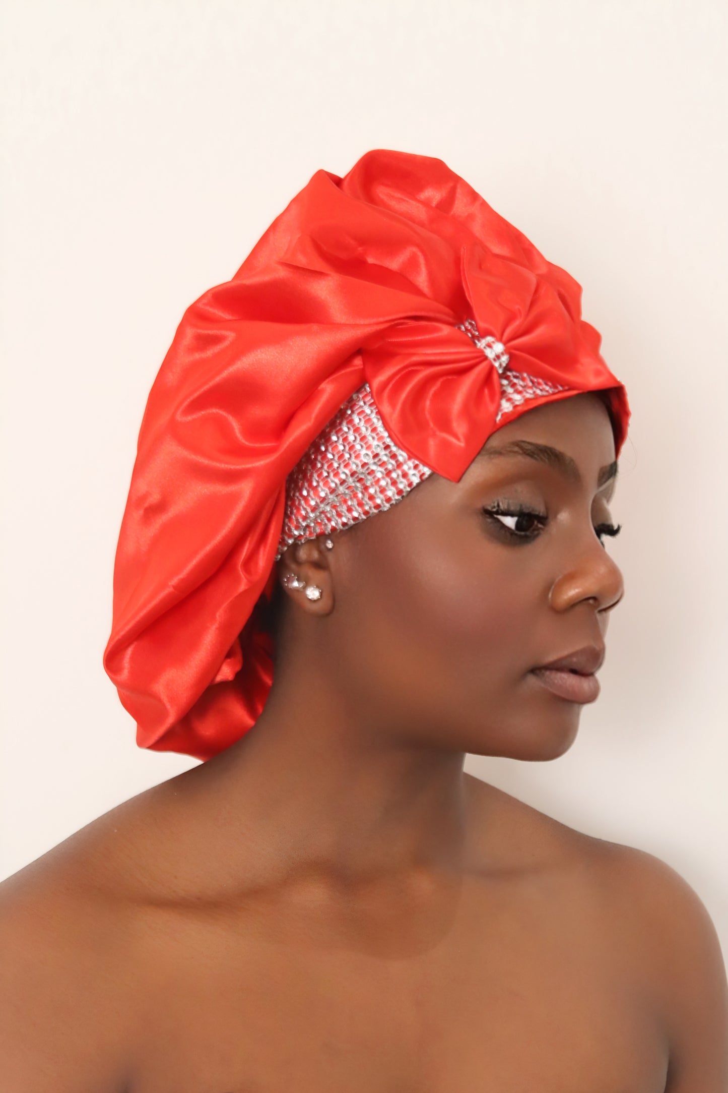 Bright Red Pure Silk Lace Sleep Cap With Diamonds
