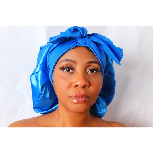 Sky Blue Satin Hair Bonnet with Ribbon Wrap Double Layer headwrap