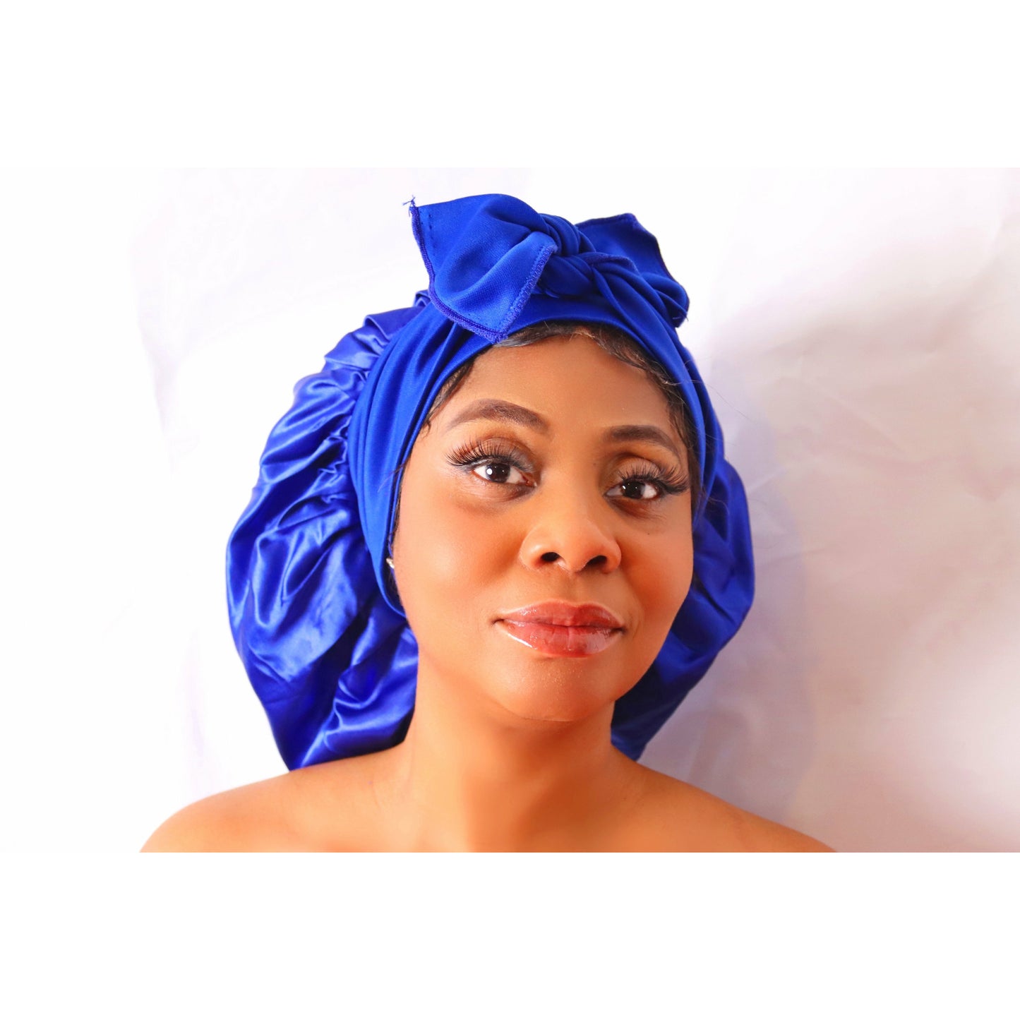 Ocean Blue Satin Hair Bonnet with Ribbon Wrap Double Layer headwrap