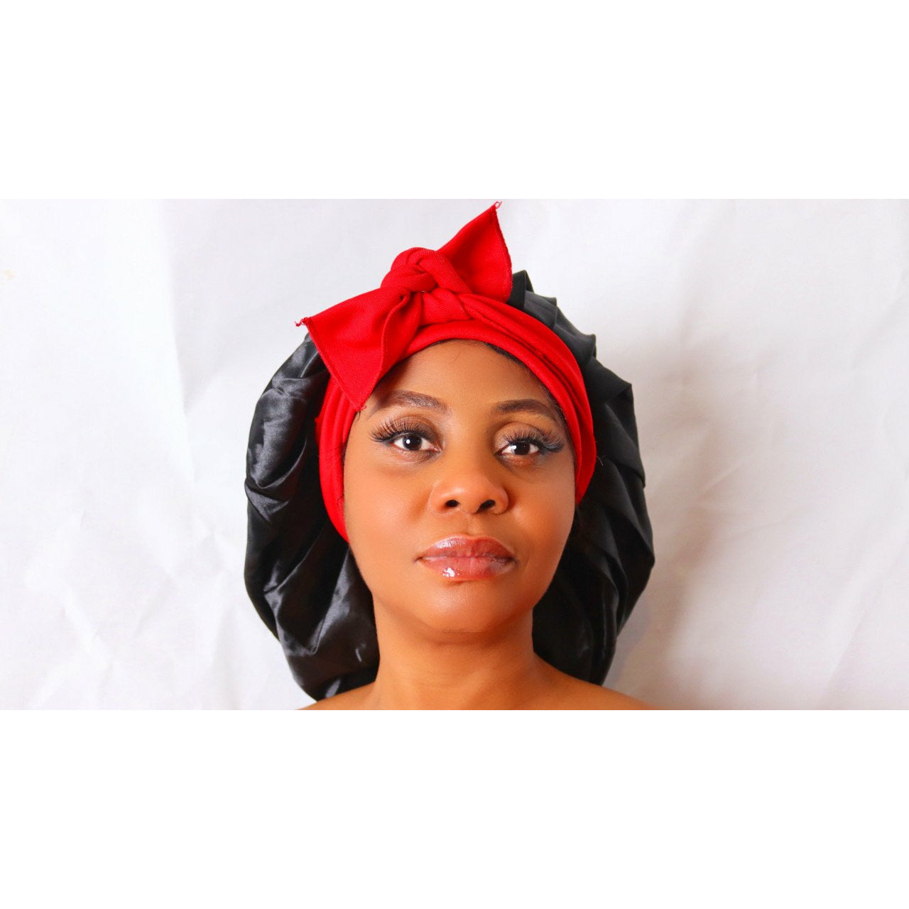 Black Satin Hair Bonnet with Red Ribbon Wrap Double Layer headwrap
