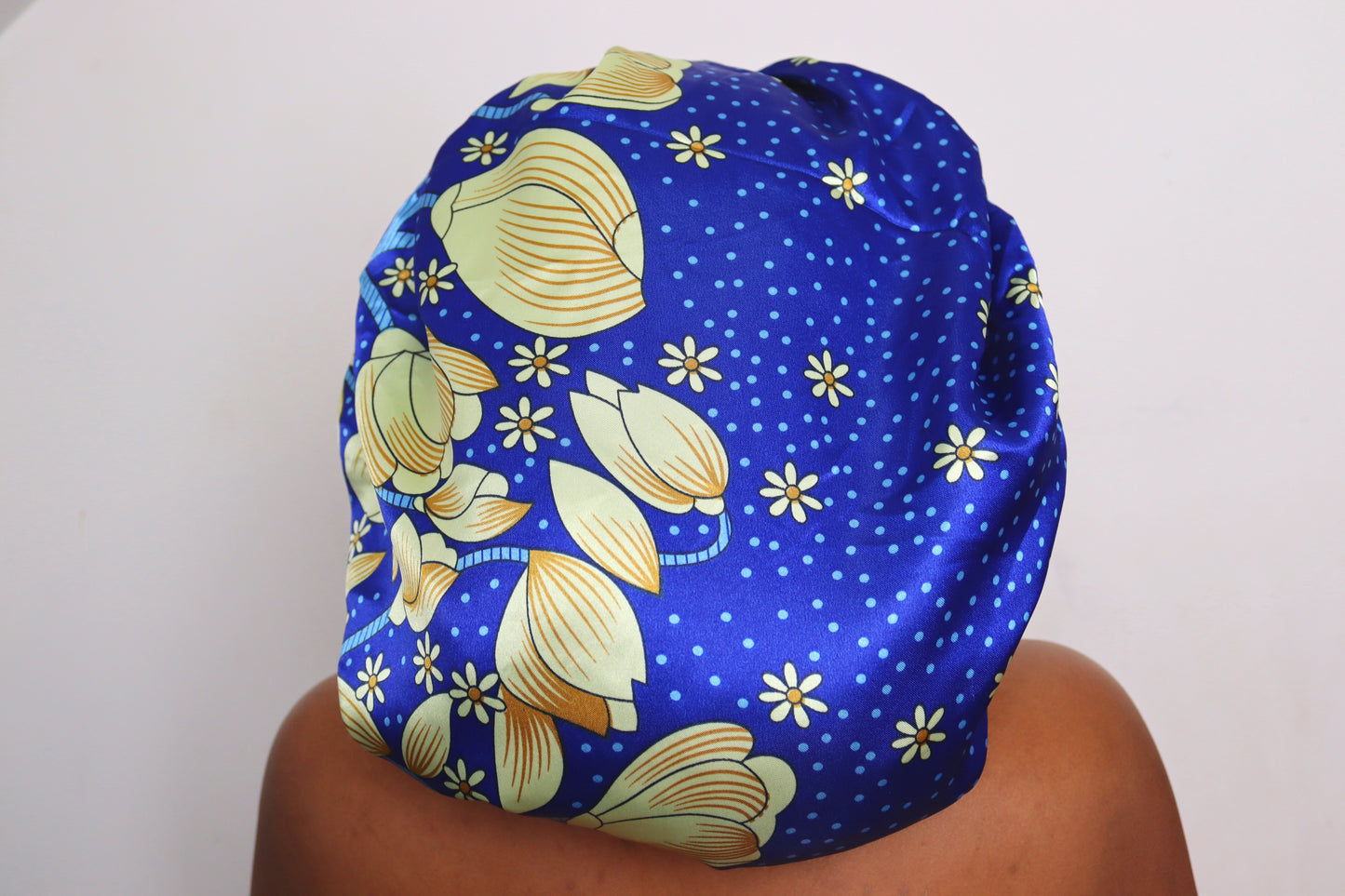 Flower Blue Reversible Double Layer Satin Hair Bonnet