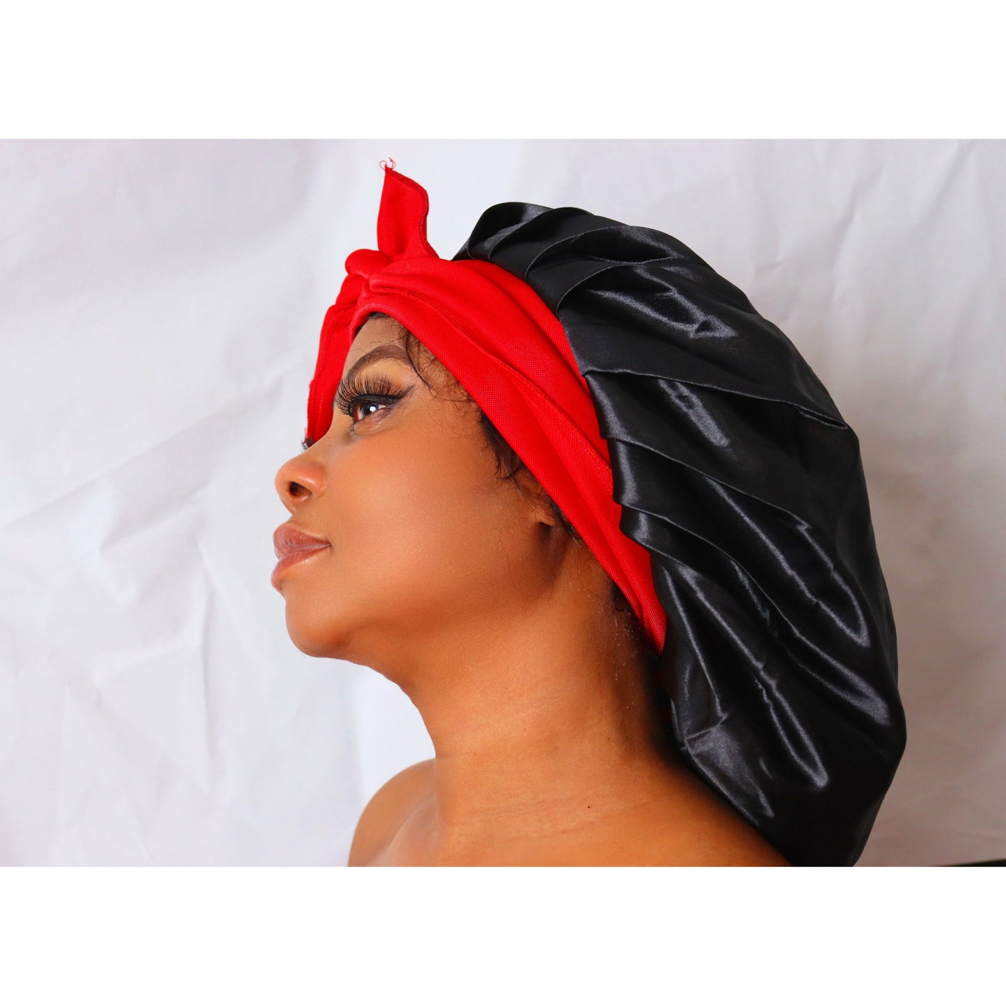 Black Satin Hair Bonnet with Red Ribbon Wrap Double Layer headwrap