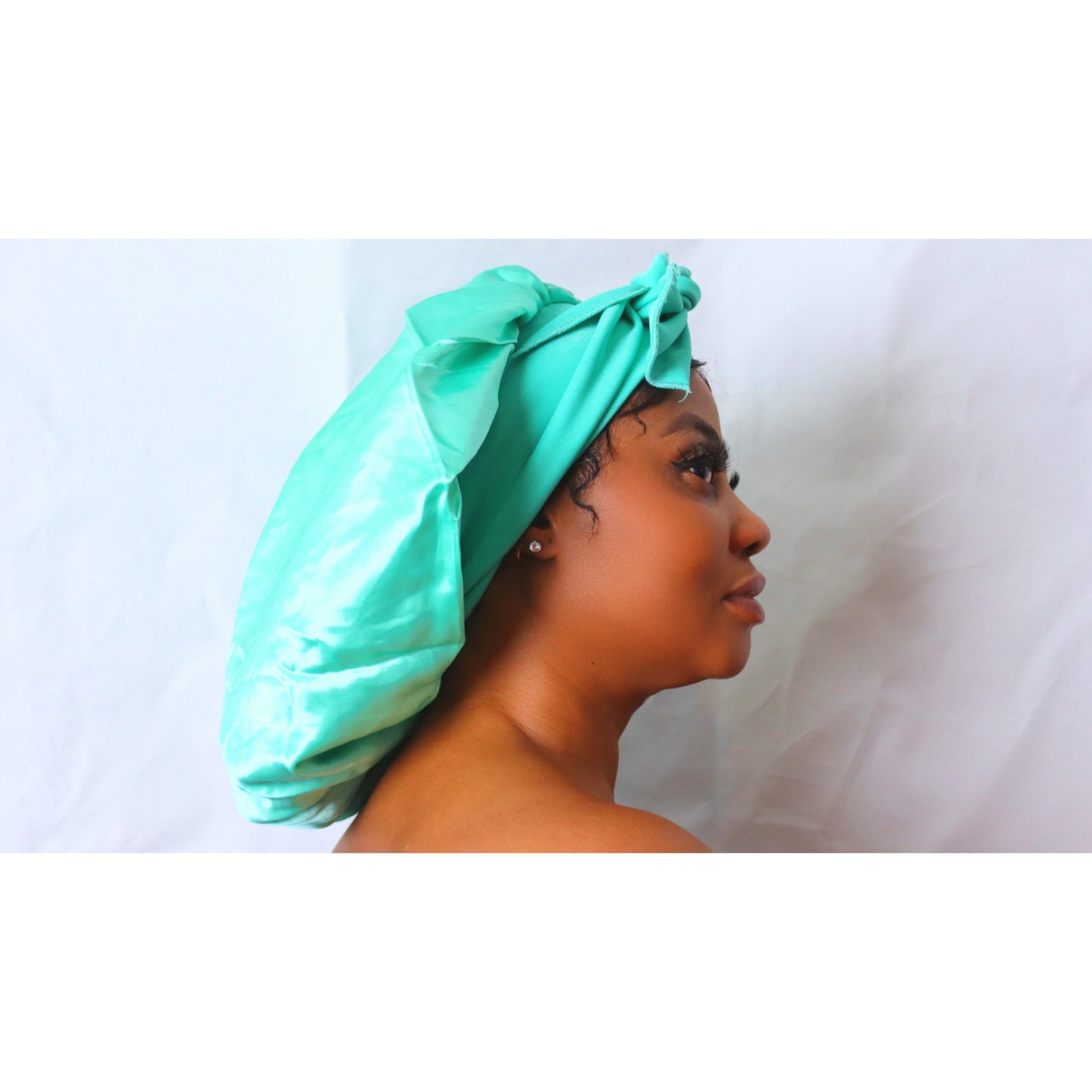 Turquoise Hair Bonnet with Ribbon Wrap Double Layer headwrap