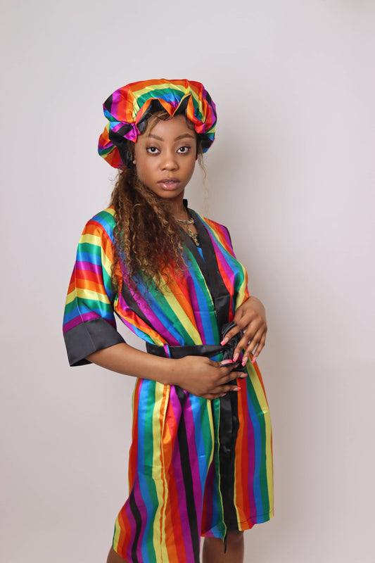 RAINBOW STRIPED NIGHTDRESS WITH DRESSING GOWN and HAIR BONNET